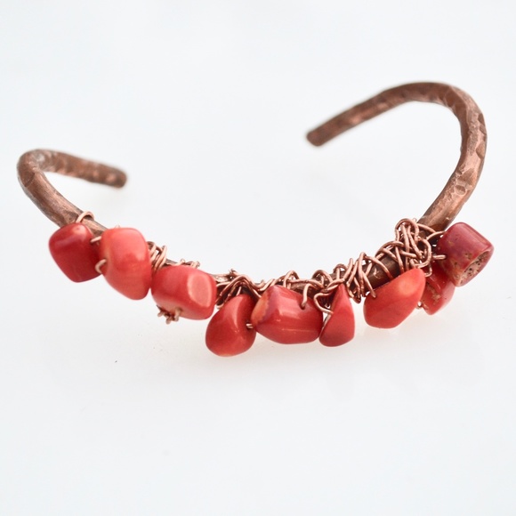 Red Coral Copper Wire Wrapped Solid Cuff Bracelet Handmade Boho  Gift Hippie - Picture 3 of 7